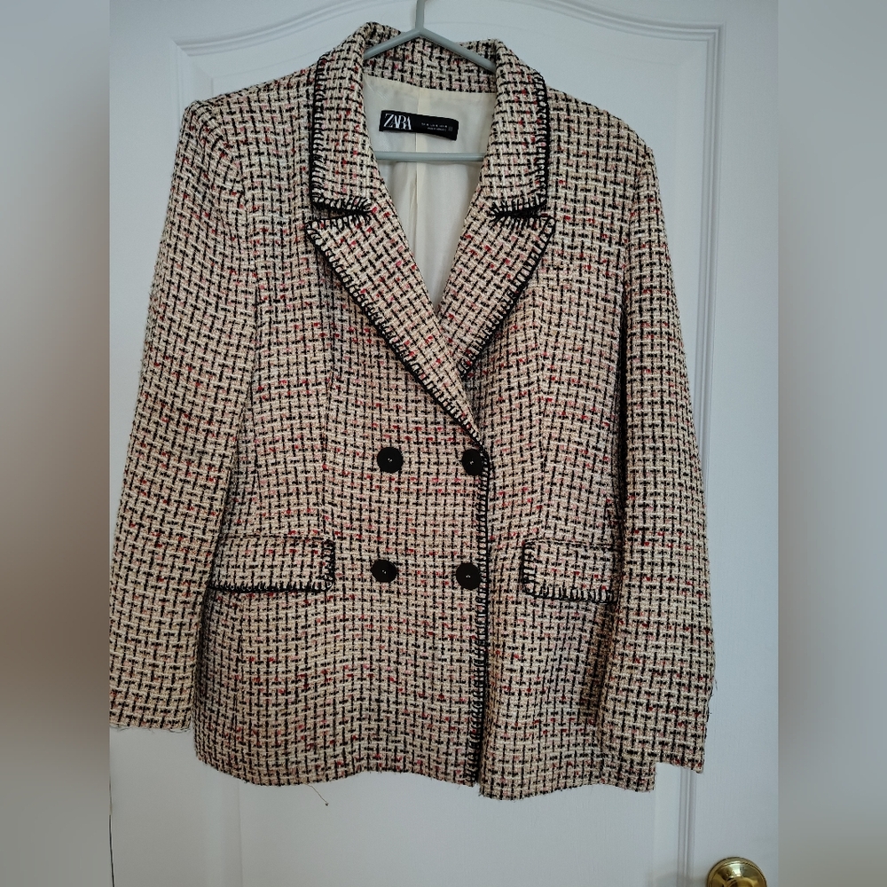 Zara Cream Tweed Double-Breasted Blazer Jacket